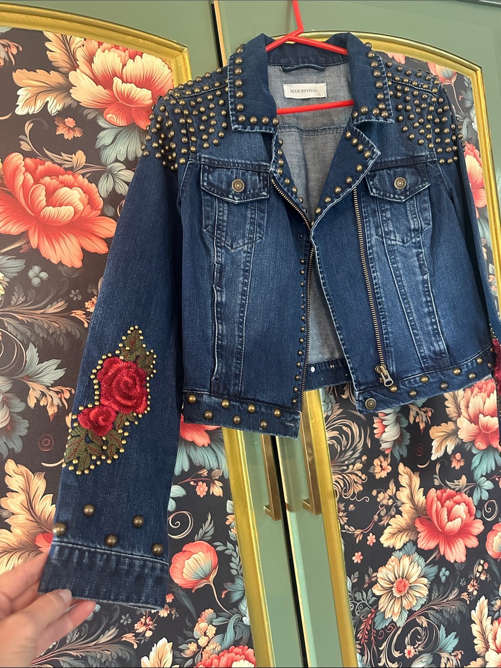 Dark Blue Embroidered & Studded Denim Jacket